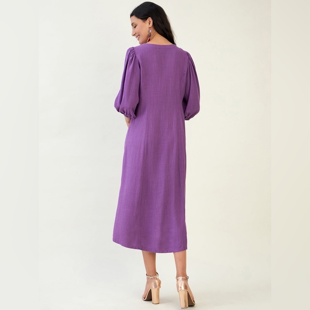 NEW‎ J.Jill Linen Blend Balloon Sleeve Button Front Purple Midi Dress Women’s LP - Picture 4 of 11